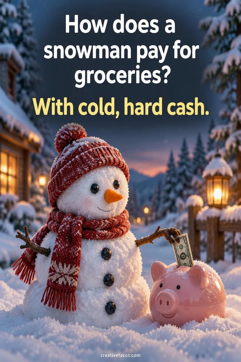 Quote card: How does a snowman pay for groceries? With cold, hard cash.