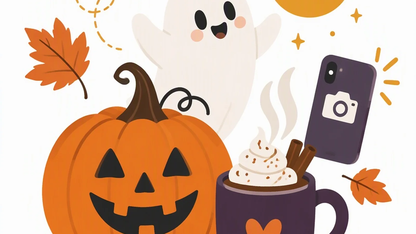 Clean illustration of a jack-o-lantern, falling leaves, a mug, and a small ghost on a white background for spooky season captions.