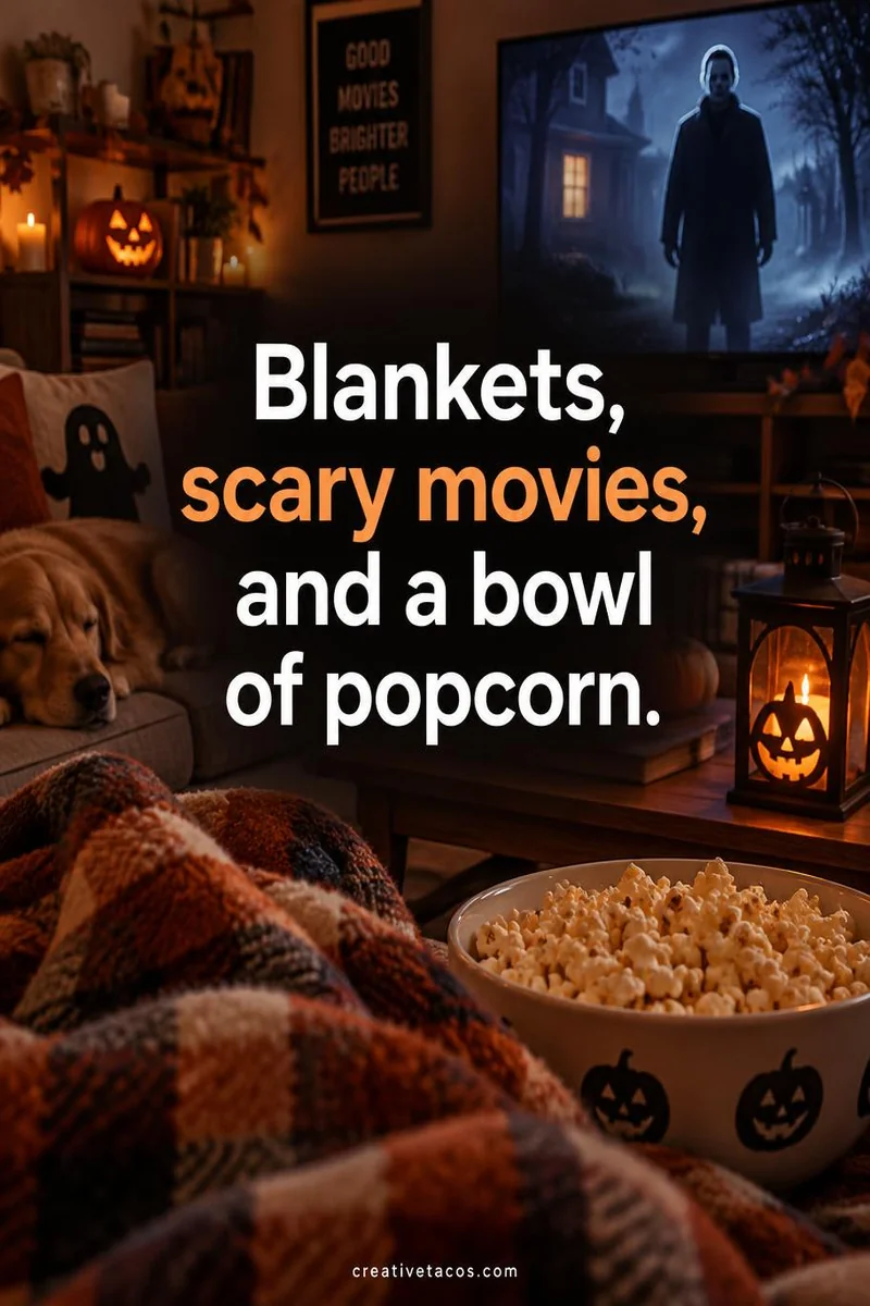 Quote card: Blankets, scary movies, and a bowl of popcorn.