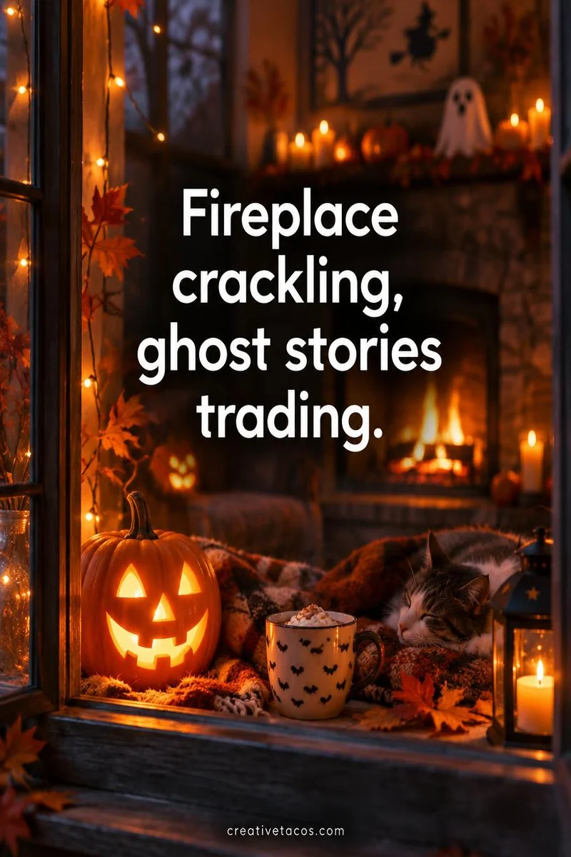 Quote card: Fireplace crackling, ghost stories trading.