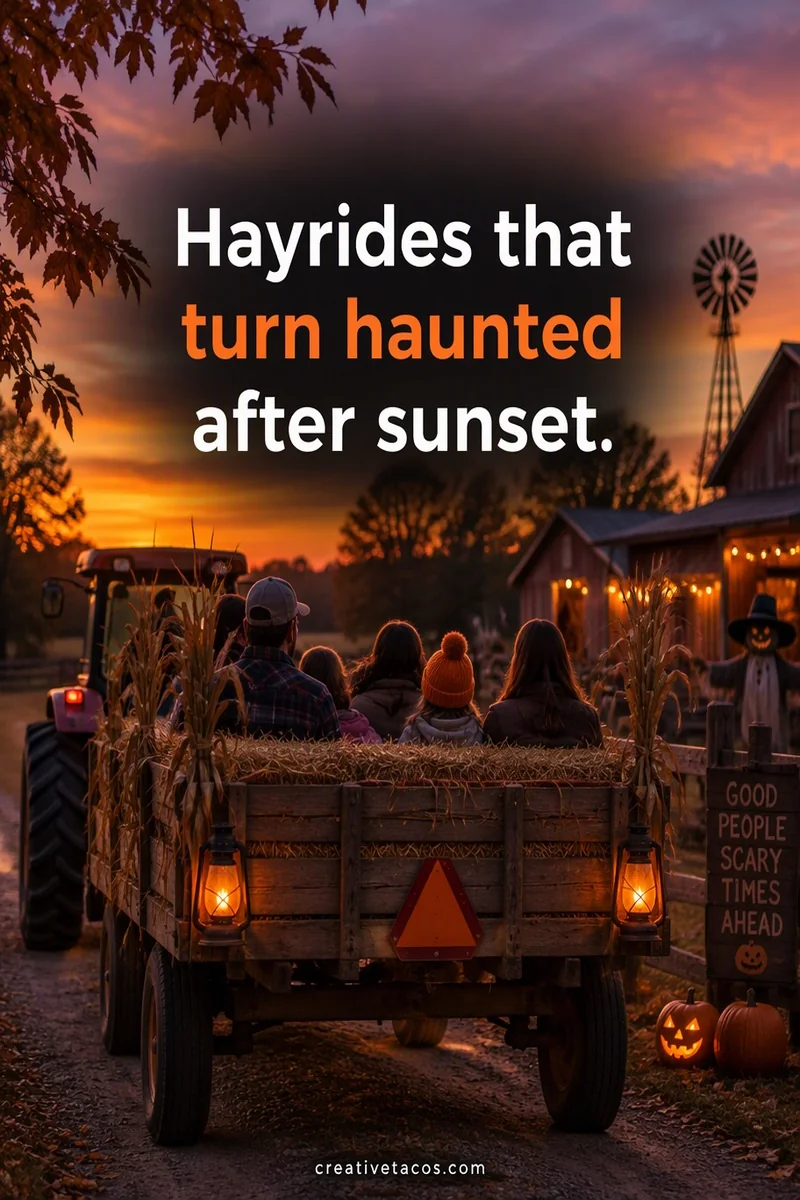 Quote card: Hayrides that turn haunted after sunset.