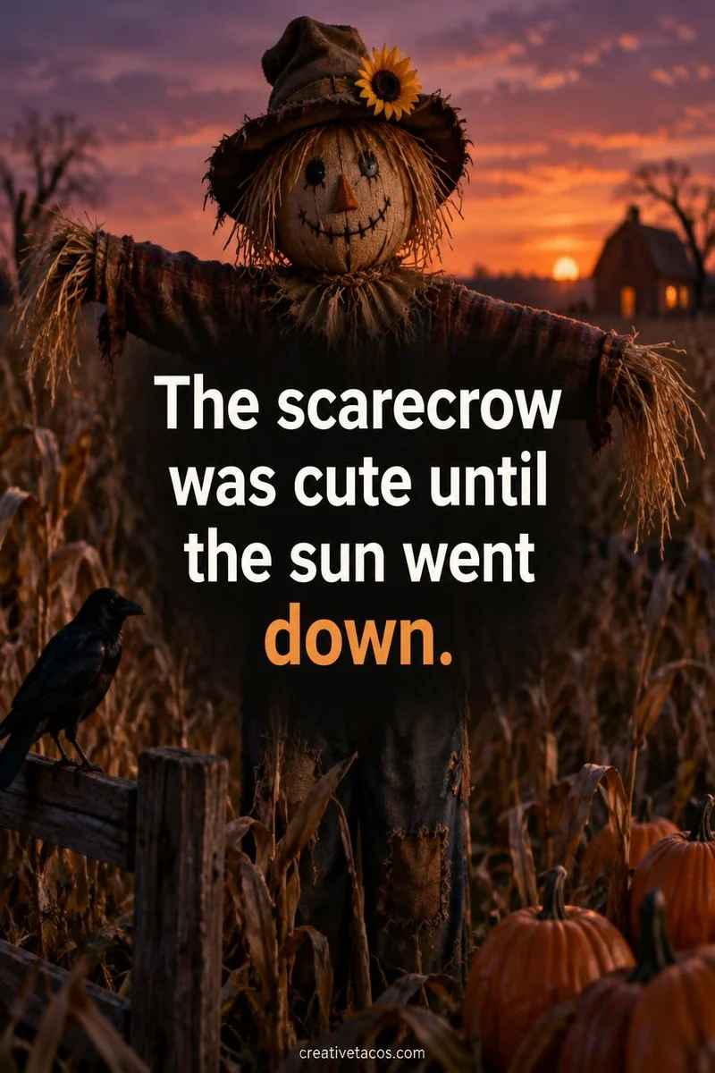 Quote card: The scarecrow was cute until the sun went down.