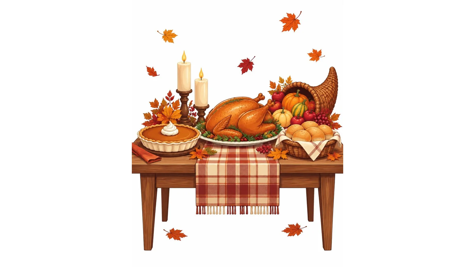 Illustration of a harvest table with turkey, pie, bread rolls, candles, a cornucopia, and autumn leaves on a white background for Thanksgiving blessings.