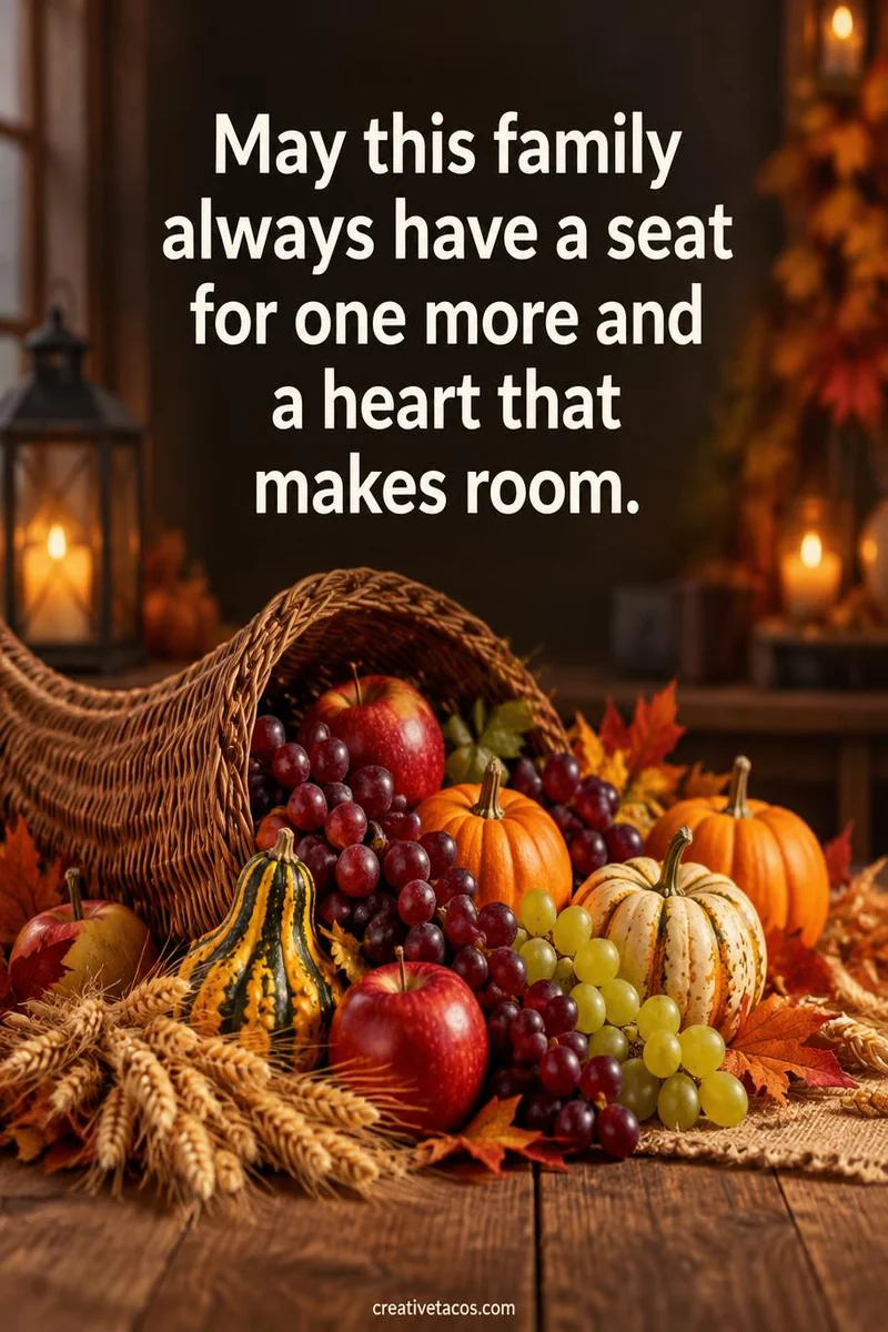 Quote card: May this family always have a seat for one more and a heart that makes room.