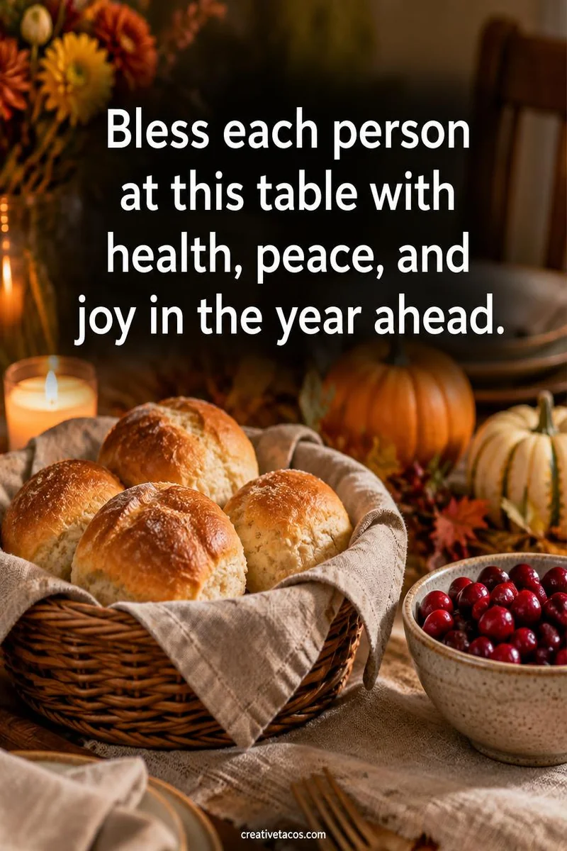 Quote card: Bless each person at this table with health, peace, and joy in the year ahead.