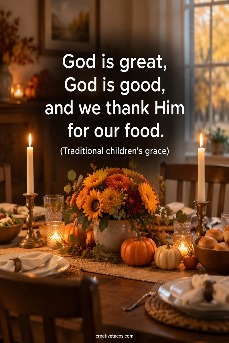 Quote card: God is great, God is good, and we thank Him for our food. (Traditional children's grace)
