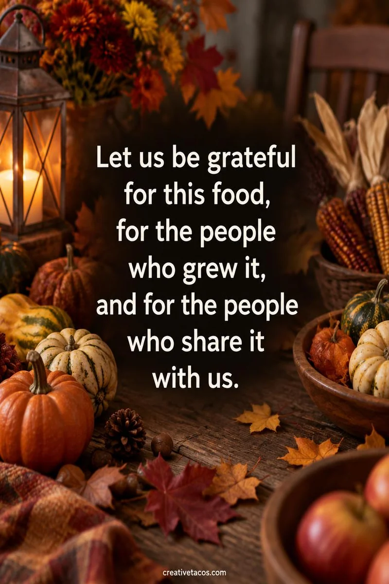 Quote card: Let us be grateful for this food, for the people who grew it, and for the people who share it with us.