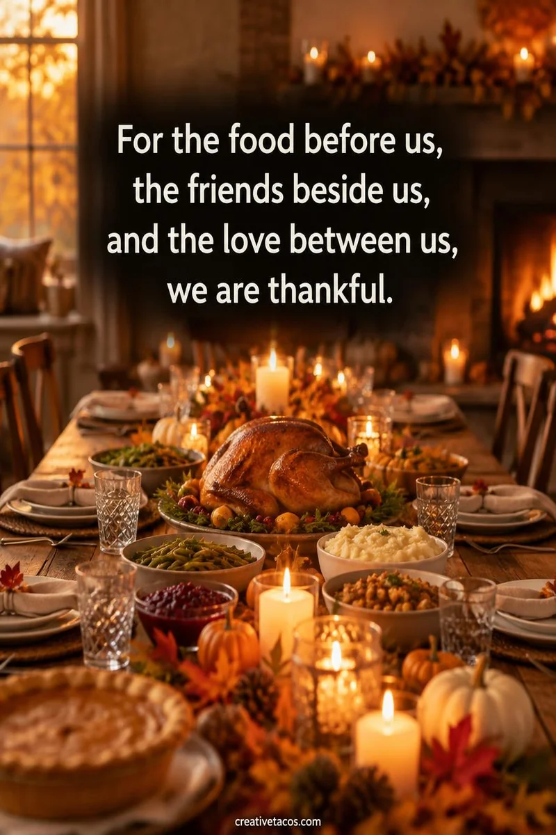 Quote card: For the food before us, the friends beside us, and the love between us, we are thankful.