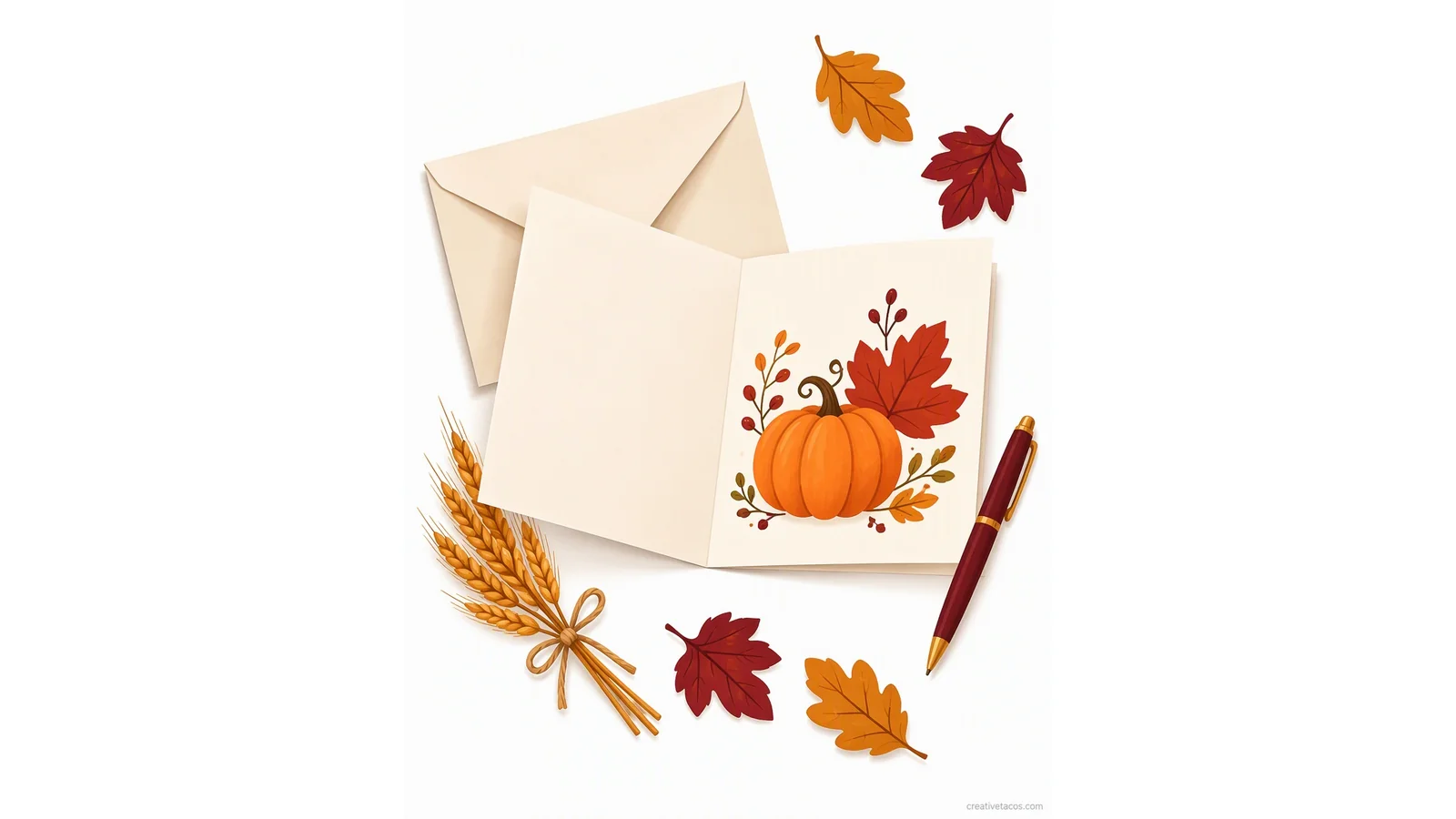 Illustration of a Thanksgiving greeting card with a pumpkin and autumn leaf, an envelope, a pen, and wheat on a white background for Thanksgiving card messages.