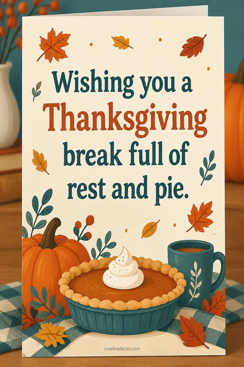 Quote card: Wishing you a Thanksgiving break full of rest and pie.