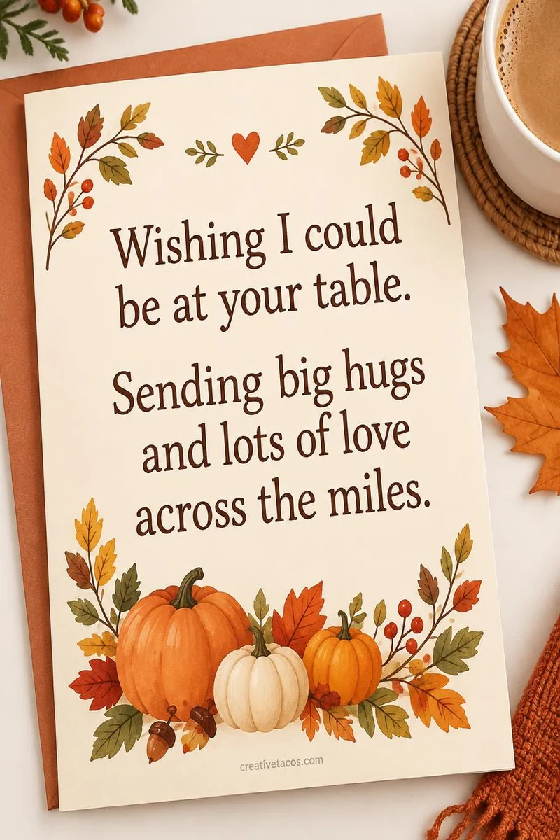 Quote card: Wishing I could be at your table. Sending big hugs and lots of love across the miles.