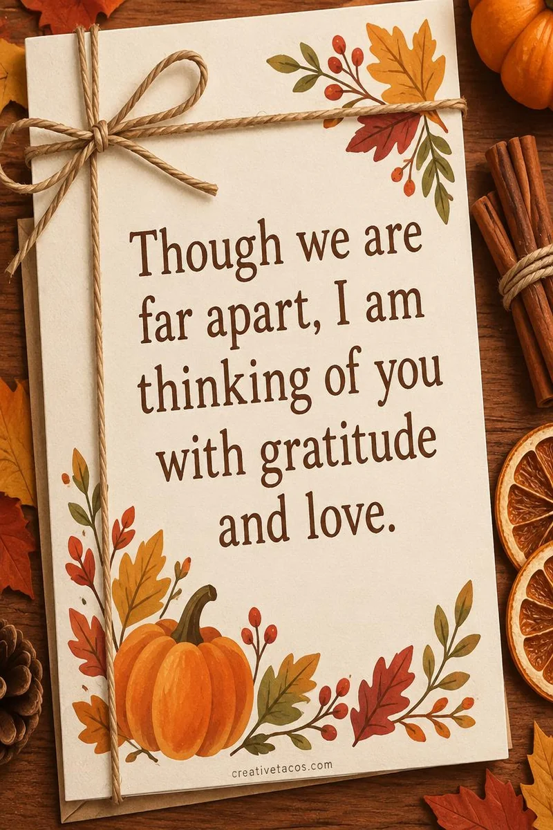 Quote card: Though we are far apart, I am thinking of you with gratitude and love.