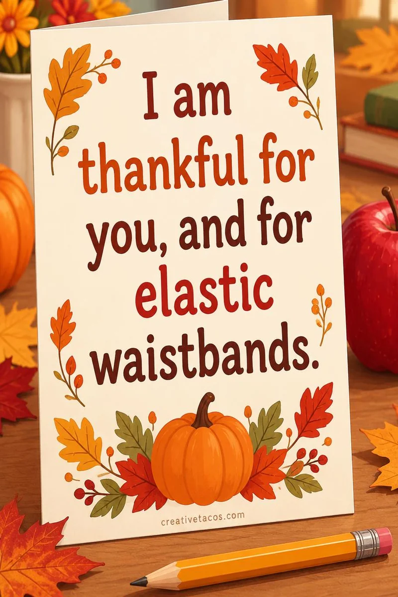 Quote card: I am thankful for you, and for elastic waistbands.