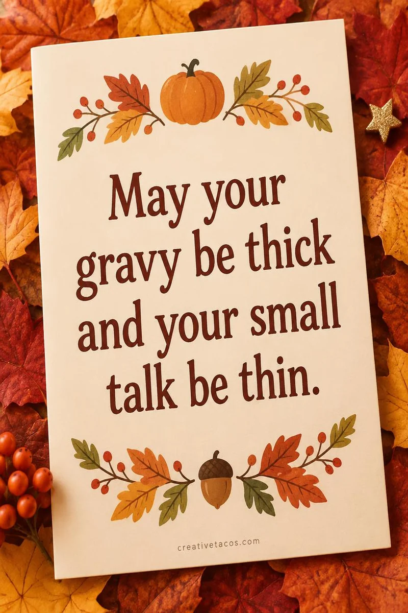 Quote card: May your gravy be thick and your small talk be thin.