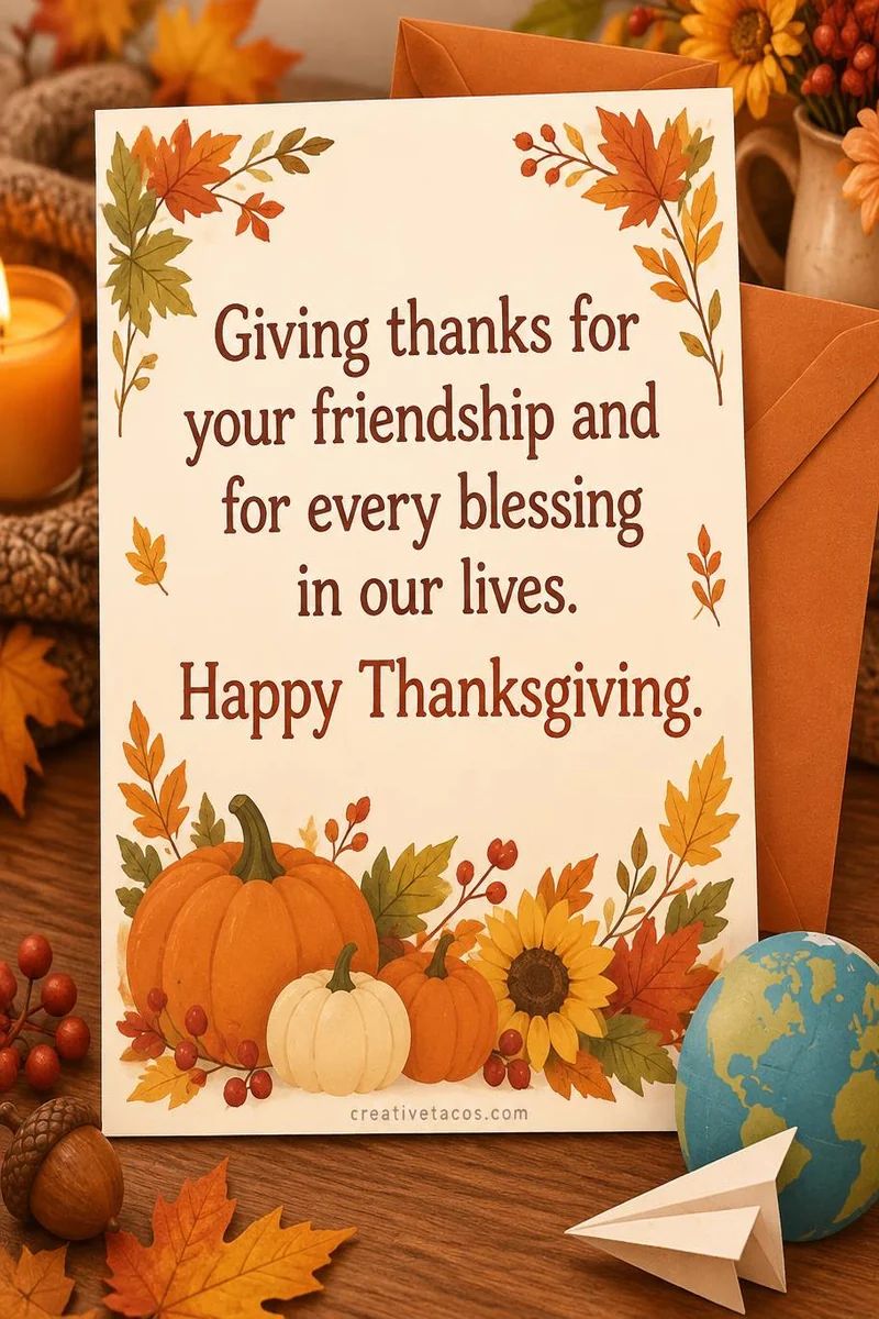 Quote card: Giving thanks for your friendship and for every blessing in our lives. Happy Thanksgiving.