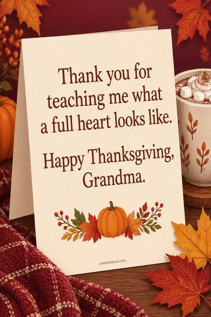 Quote card: Thank you for teaching me what a full heart looks like. Happy Thanksgiving, Grandma.