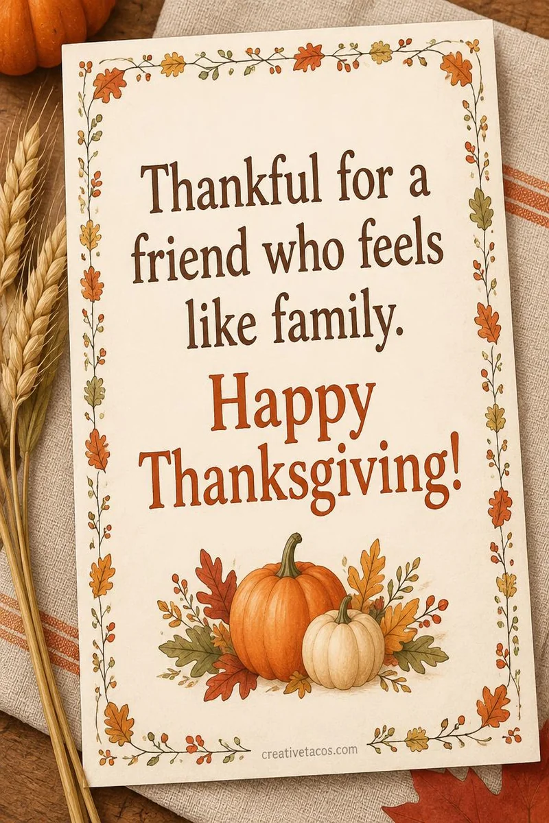 Quote card: Thankful for a friend who feels like family. Happy Thanksgiving!