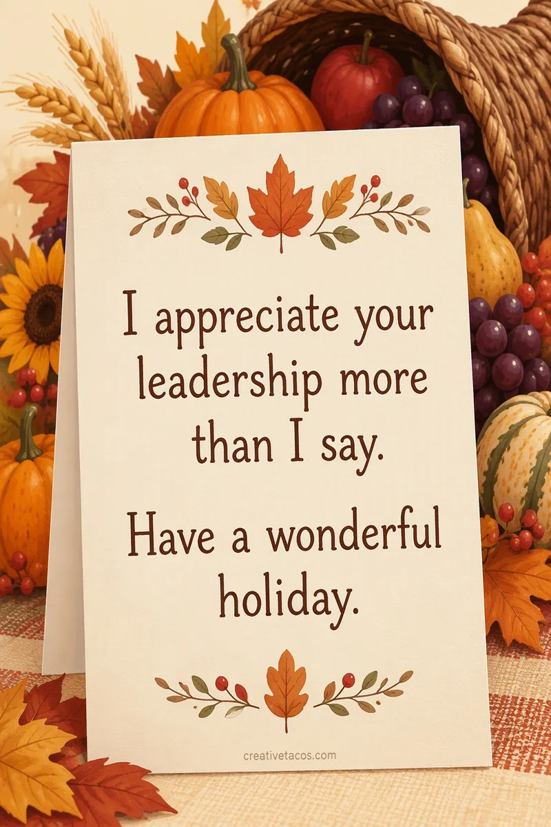 Quote card: I appreciate your leadership more than I say. Have a wonderful holiday.