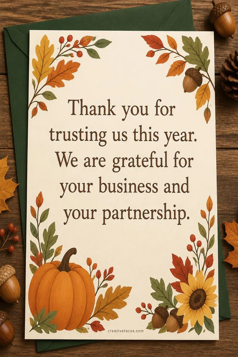 Quote card: Thank you for trusting us this year. We are grateful for your business and your partnership.