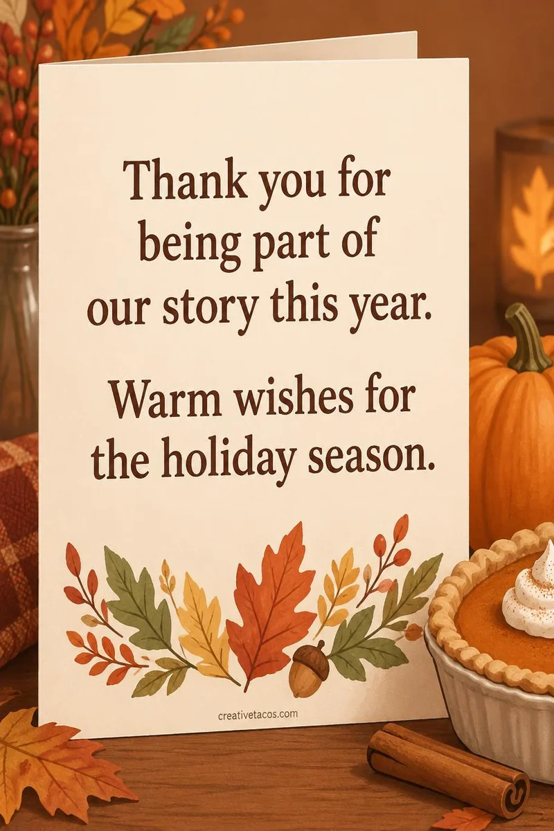 Quote card: Thank you for being part of our story this year. Warm wishes for the holiday season.