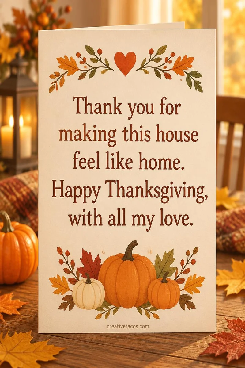 Quote card: Thank you for making this house feel like home. Happy Thanksgiving, with all my love.
