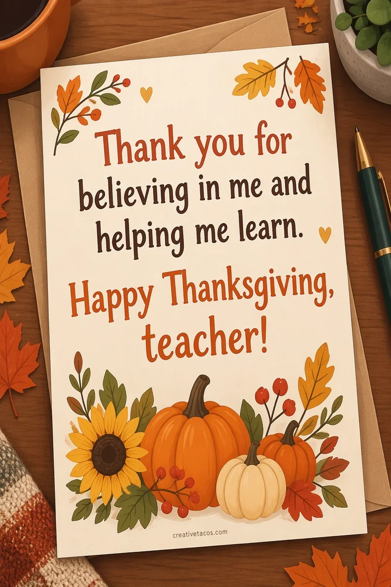 Quote card: Thank you for believing in me and helping me learn. Happy Thanksgiving, teacher!