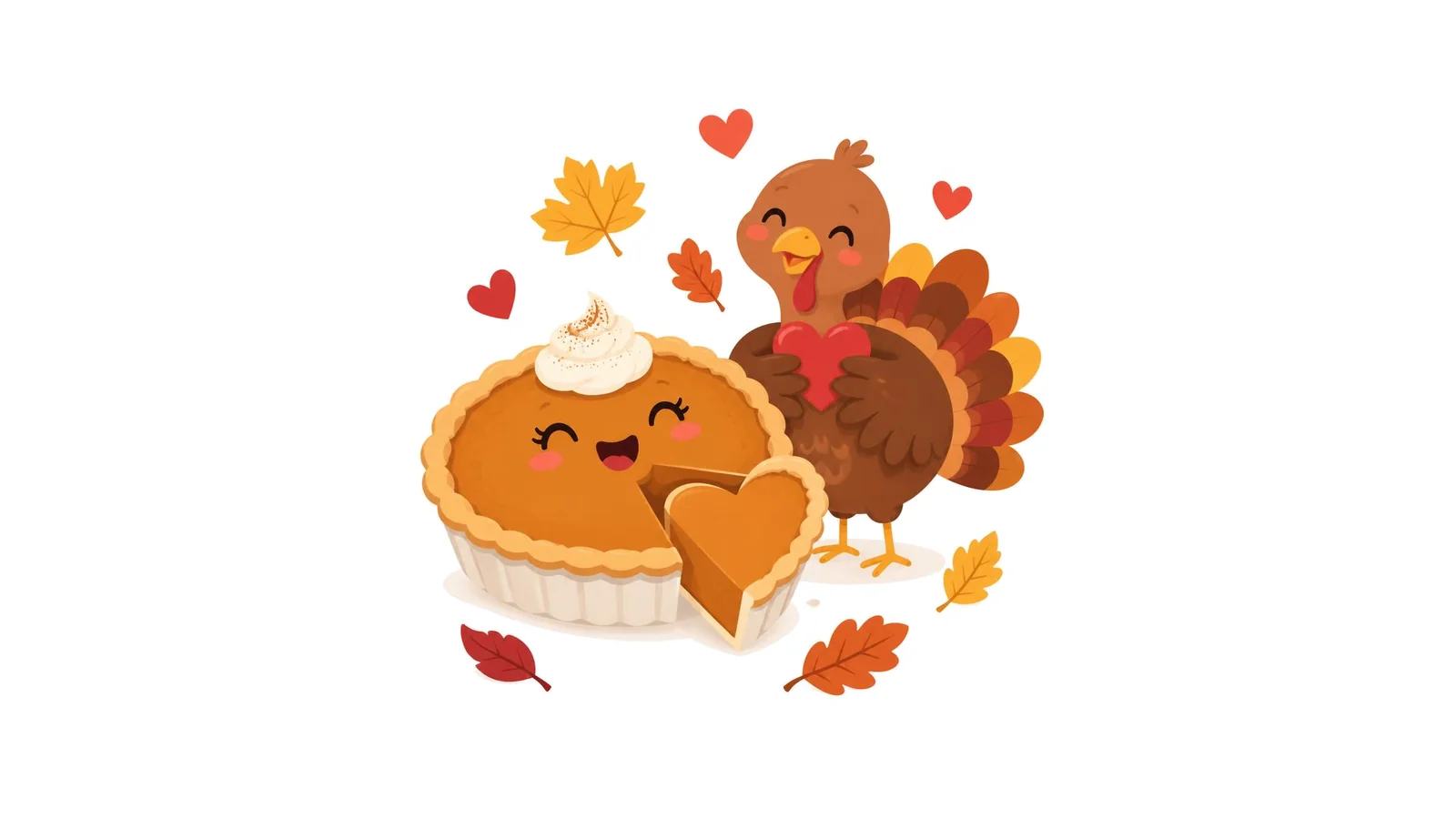 Illustration of a smiling pumpkin pie with a heart-shaped slice and a cartoon turkey holding a heart on a white background for Thanksgiving pick up lines.