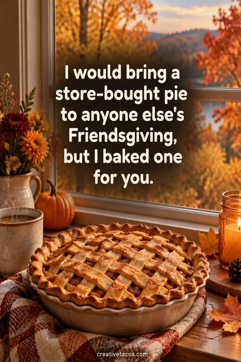 Quote card: I would bring a store-bought pie to anyone else's Friendsgiving, but I baked one for you.
