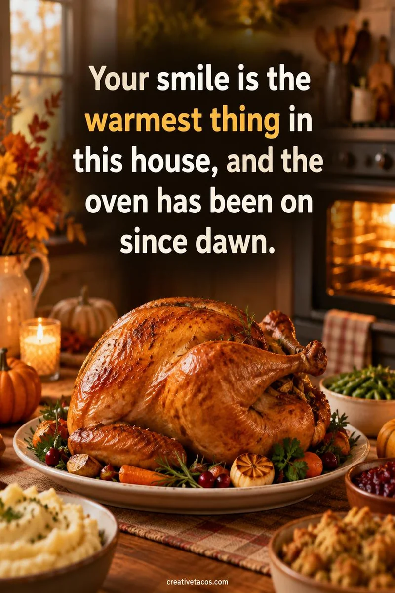 Quote card: Your smile is the warmest thing in this house, and the oven has been on since dawn.
