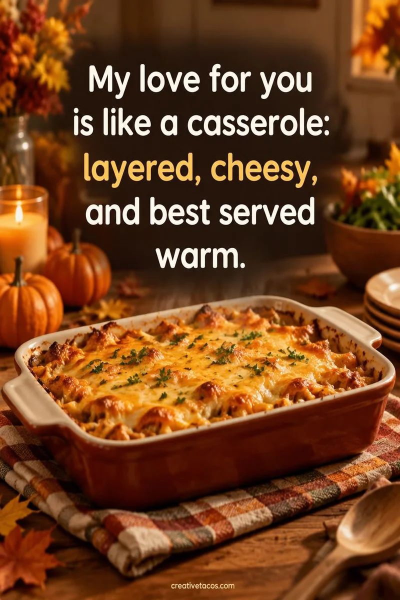 Quote card: My love for you is like a casserole: layered, cheesy, and best served warm.