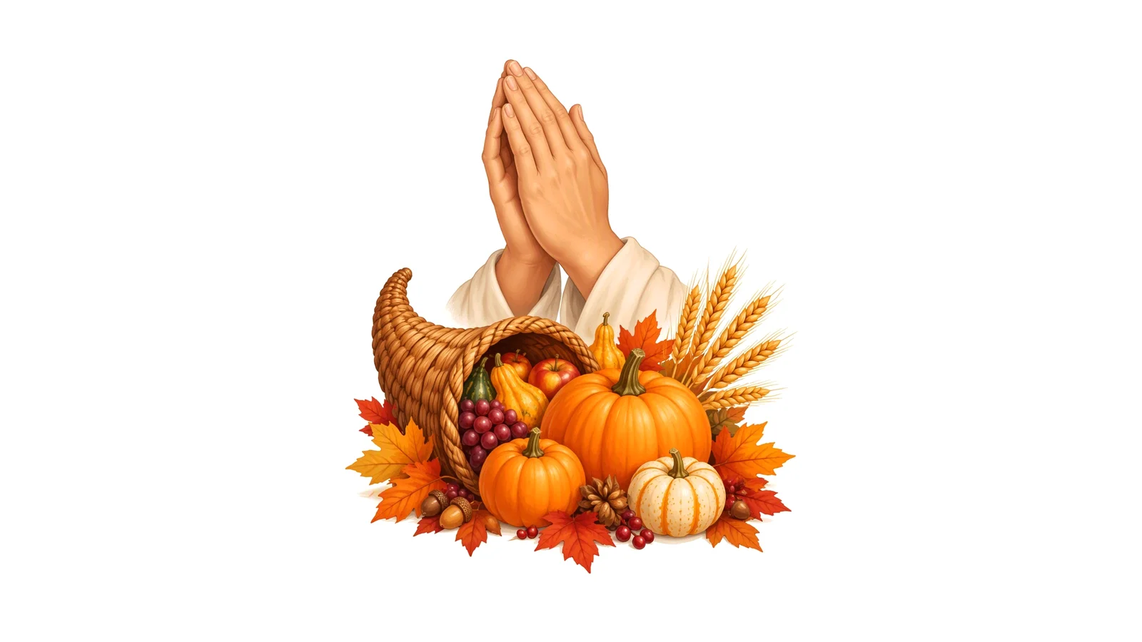 Illustration of folded hands above a cornucopia with pumpkins, wheat, and autumn leaves on a white background for Thanksgiving prayers.