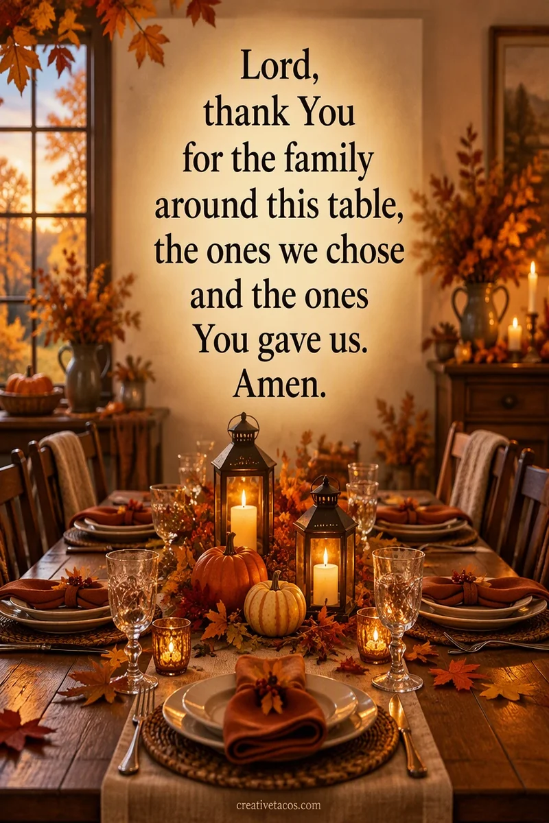 Quote card: Lord, thank You for the family around this table, the ones we chose and the ones You gave us. Amen.