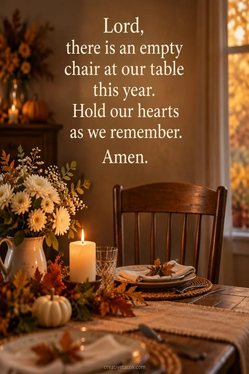 Quote card: Lord, there is an empty chair at our table this year. Hold our hearts as we remember. Amen.