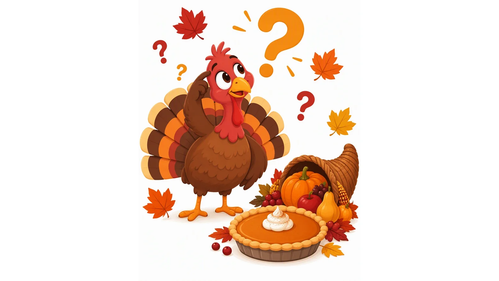 Illustration of a friendly turkey with a question mark, a pumpkin pie, and a cornucopia on a white background for Thanksgiving riddles.