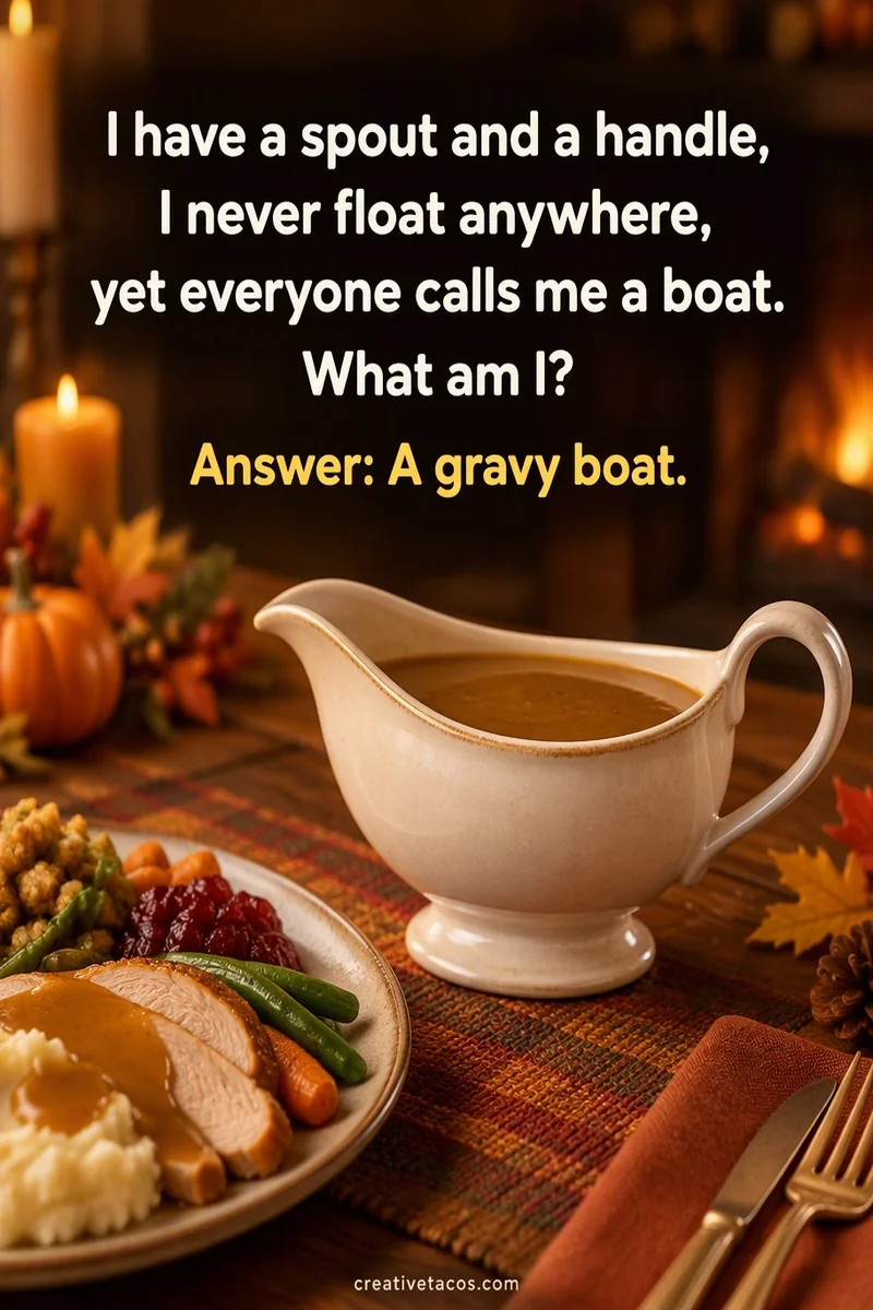 Quote card: I have a spout and a handle, I never float anywhere, yet everyone calls me a boat. What am I? Answer: A gravy boat.