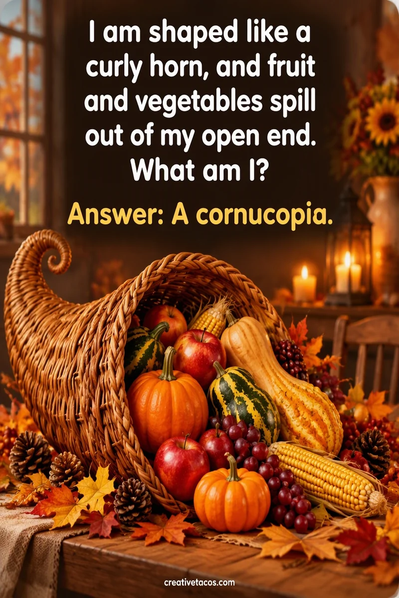Quote card: I am shaped like a curly horn, and fruit and vegetables spill out of my open end. What am I? Answer: A cornucopia.