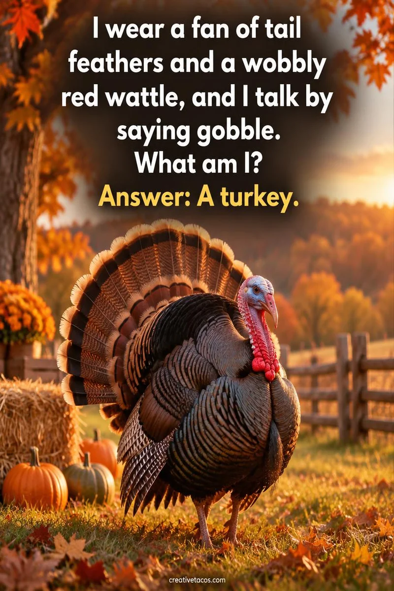 Quote card: I wear a fan of tail feathers and a wobbly red wattle, and I talk by saying gobble. What am I? Answer: A turkey.
