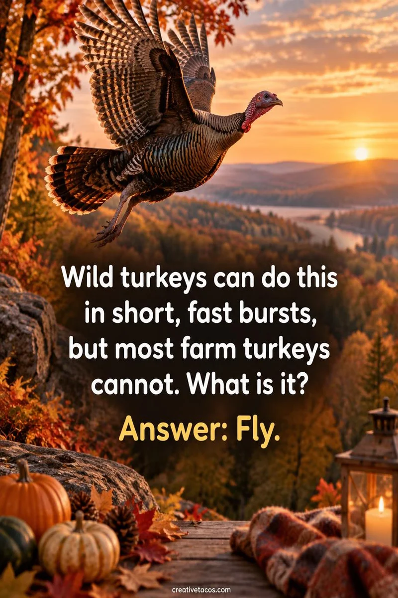 Quote card: Wild turkeys can do this in short, fast bursts, but most farm turkeys cannot. What is it? Answer: Fly.