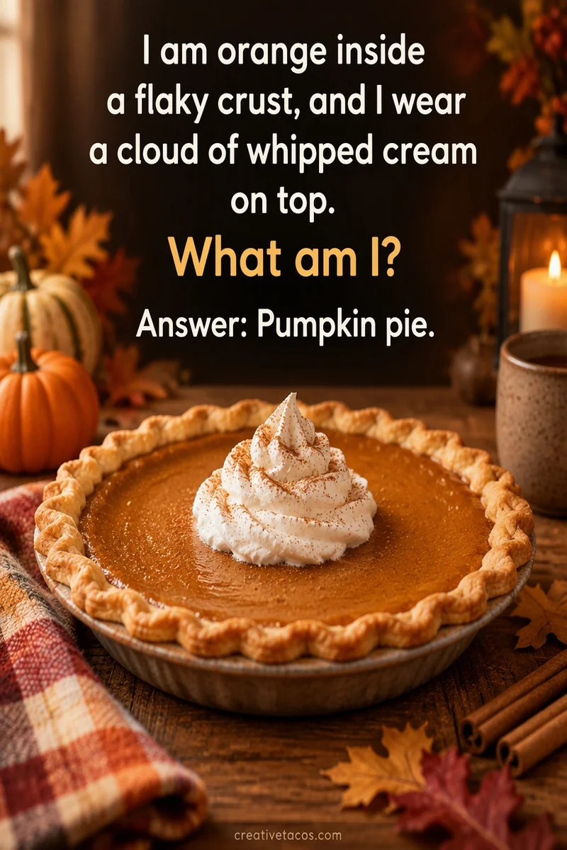 Quote card: I am orange inside a flaky crust, and I wear a cloud of whipped cream on top. What am I? Answer: Pumpkin pie.
