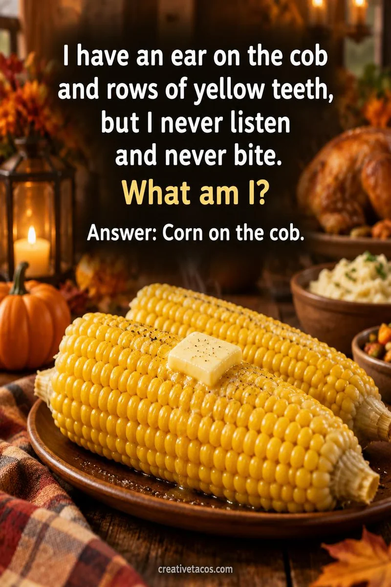 Quote card: I have an ear on the cob and rows of yellow teeth, but I never listen and never bite. What am I? Answer: Corn on the cob.