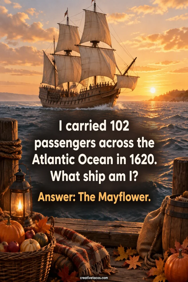 Quote card: I carried 102 passengers across the Atlantic Ocean in 1620. What ship am I? Answer: The Mayflower.