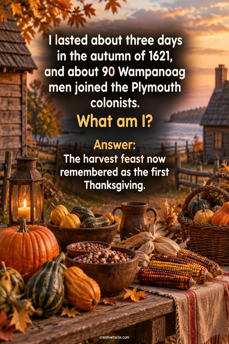 Quote card: I lasted about three days in the autumn of 1621, and about 90 Wampanoag men joined the Plymouth colonists. What am I? Answer: The harvest feast now remembered as the first Thanksgiving.