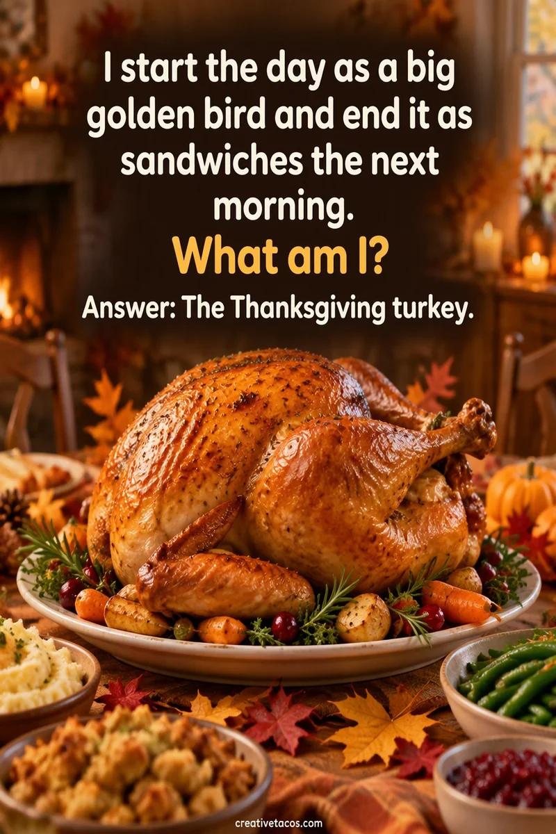 Quote card: I start the day as a big golden bird and end it as sandwiches the next morning. What am I? Answer: The Thanksgiving turkey.