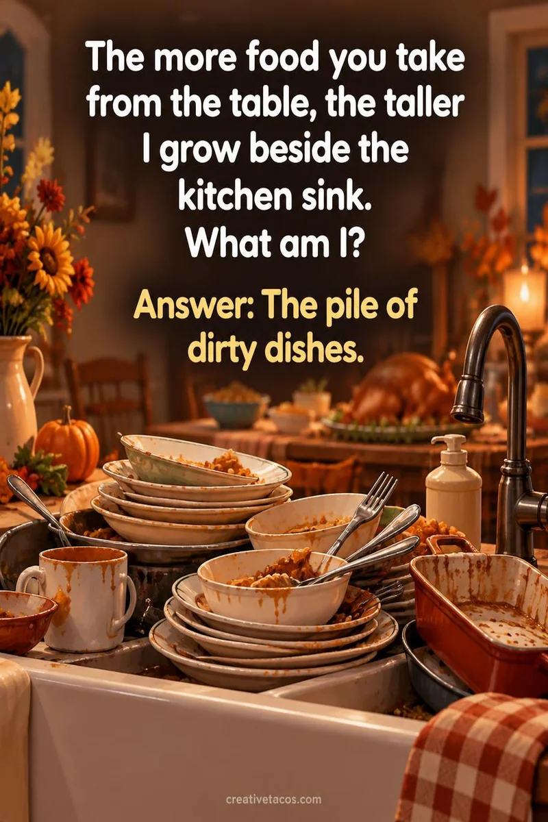 Quote card: The more food you take from the table, the taller I grow beside the kitchen sink. What am I? Answer: The pile of dirty dishes.