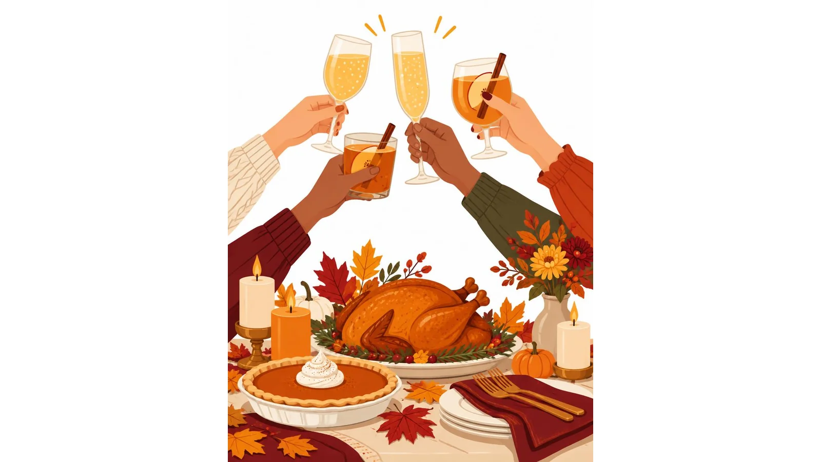 Illustration of hands raising glasses above a Thanksgiving table with turkey, pie, candles, and autumn leaves on a white background for Thanksgiving toasts.