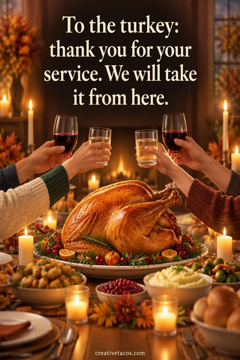 Quote card: To the turkey: thank you for your service. We will take it from here.