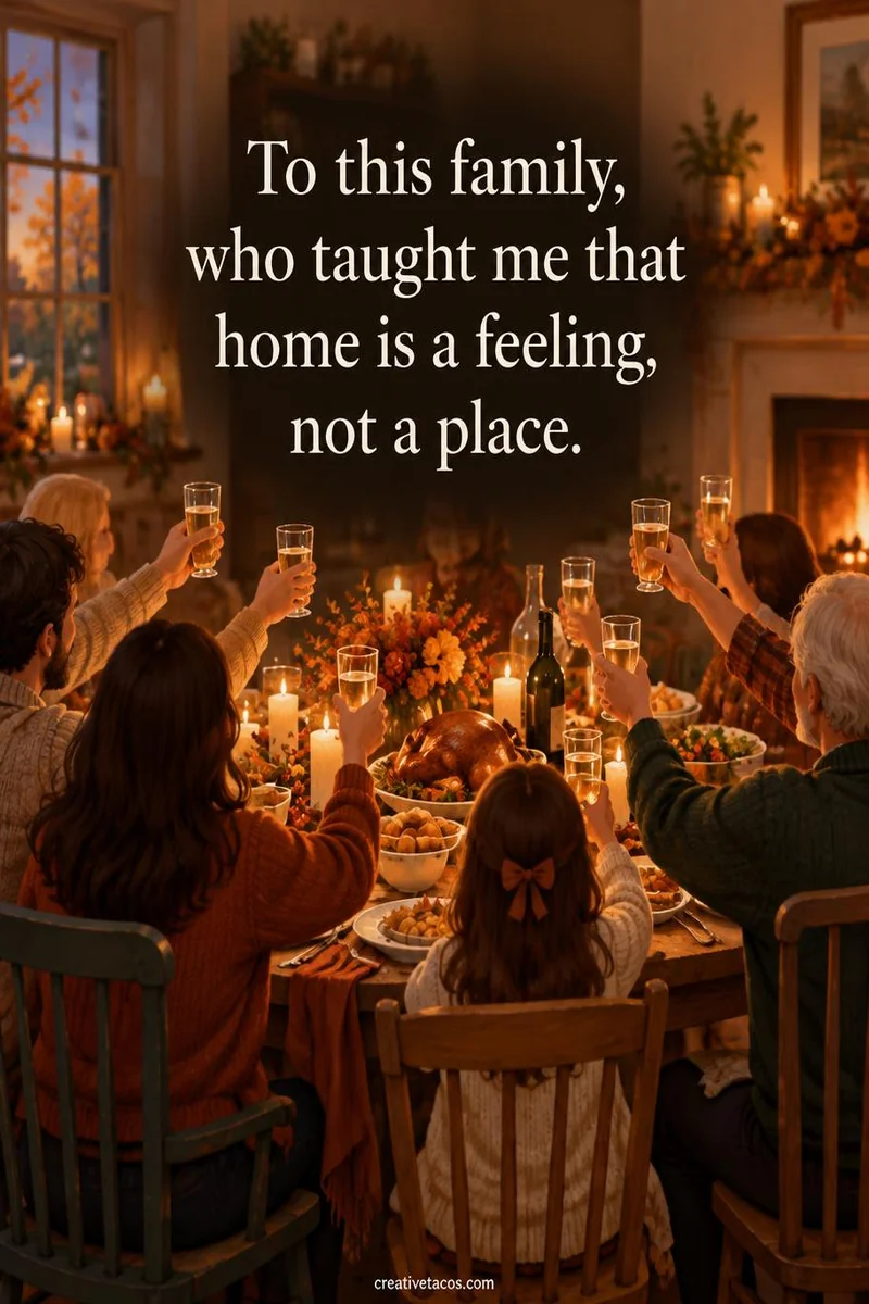 Quote card: To this family, who taught me that home is a feeling, not a place.