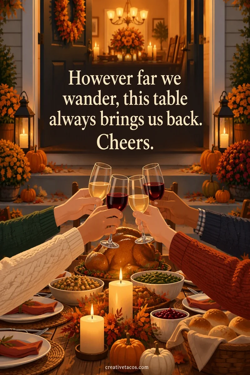 Quote card: However far we wander, this table always brings us back. Cheers.
