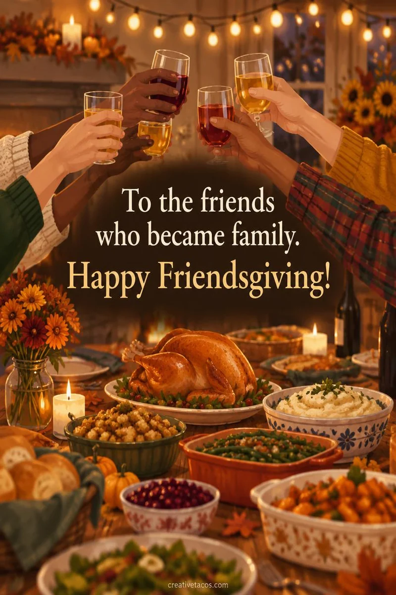 Quote card: To the friends who became family. Happy Friendsgiving!