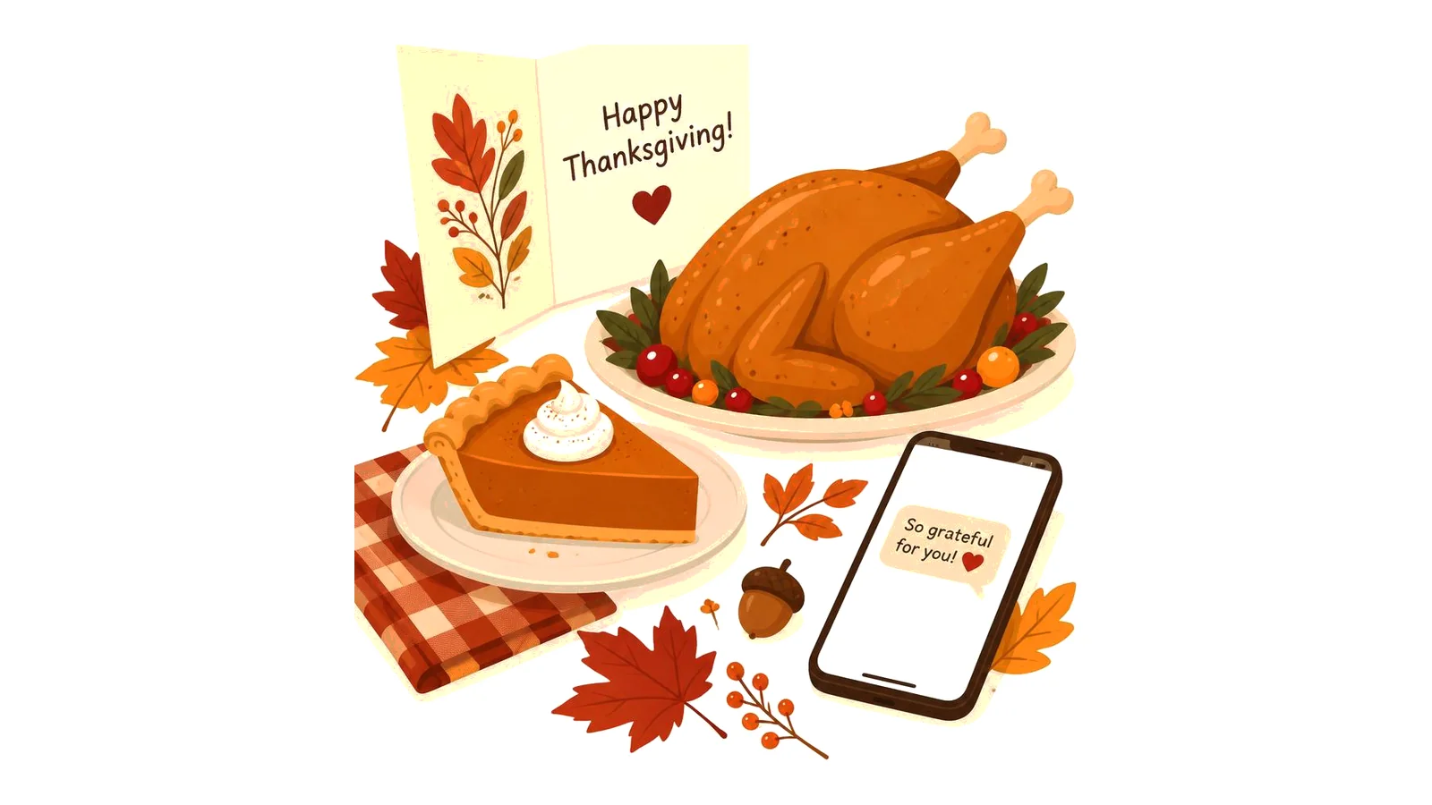 Clean illustration of a Thanksgiving card, turkey, pumpkin pie, autumn leaves, and a phone message on a white background for Thanksgiving wishes.